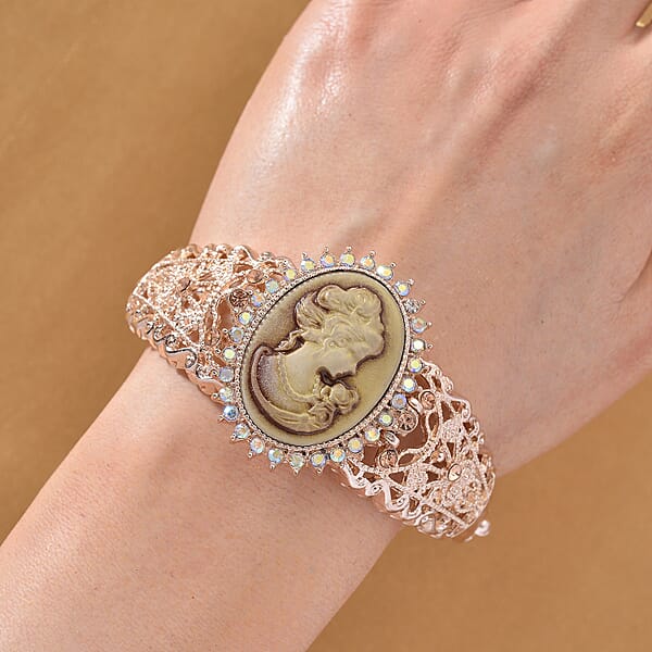 Shop Lc Strada Coffee Cameo And Multi Color Crystal Japanese Movement Bangle Watch In Rosetone 8.00 Ctw