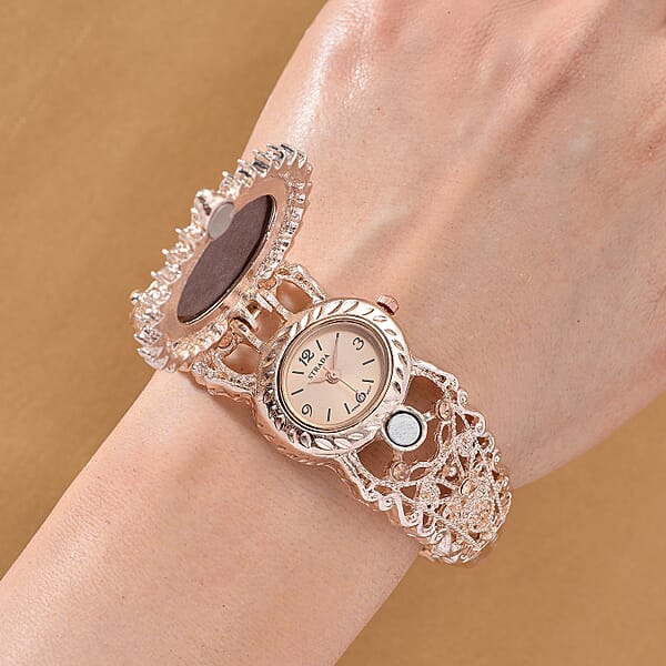 Shop Lc Strada Coffee Cameo And Multi Color Crystal Japanese Movement Bangle Watch In Rosetone 8.00 Ctw