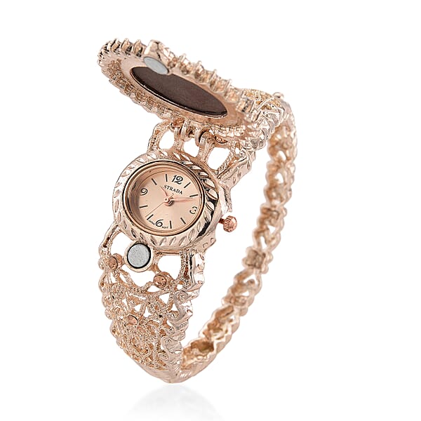 Shop Lc Strada Coffee Cameo And Multi Color Crystal Japanese Movement Bangle Watch In Rosetone 8.00 Ctw