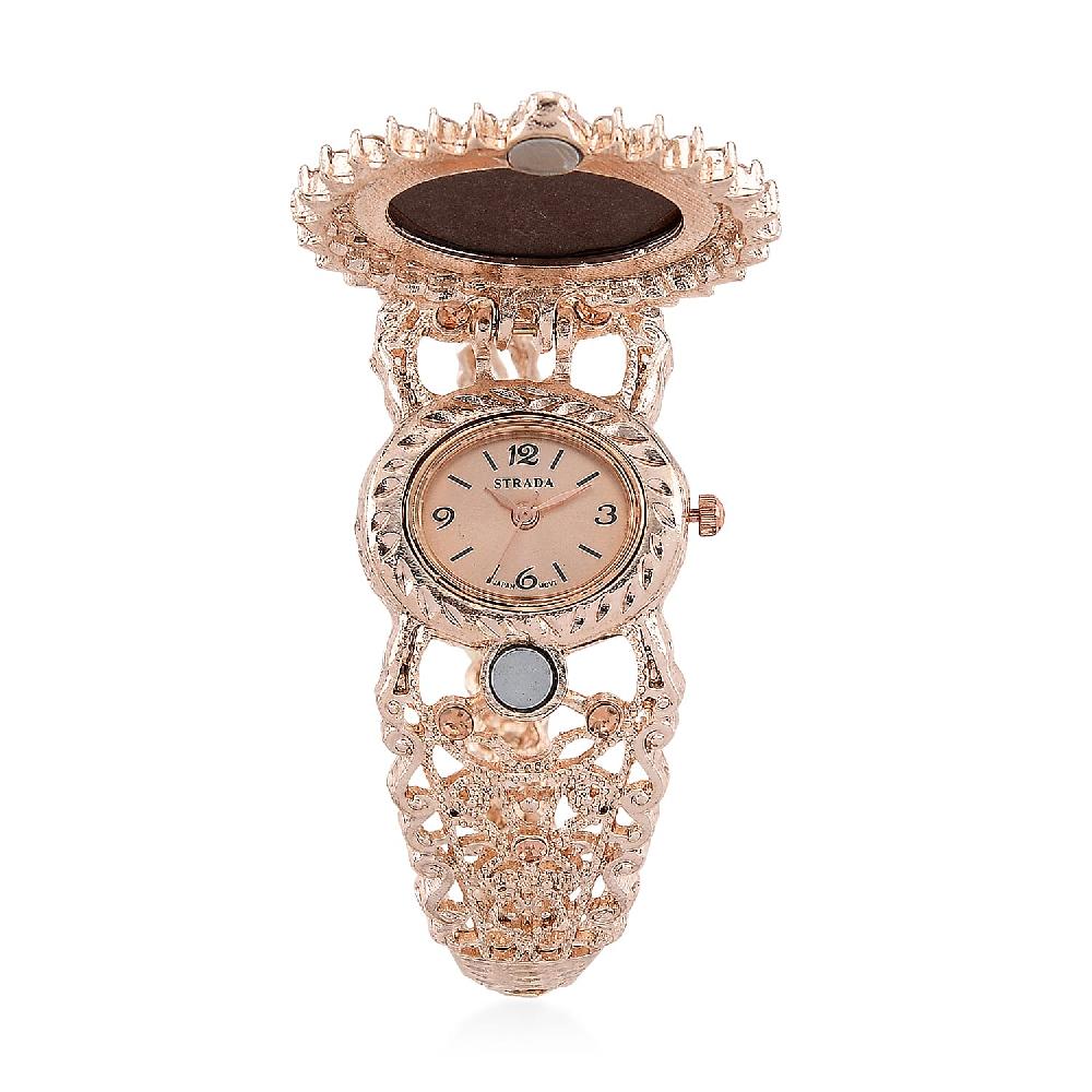 shop lc Strada Coffee Cameo and Multi Color Crystal Japanese Movement Bangle Watch in Rosetone 8.00 ctw