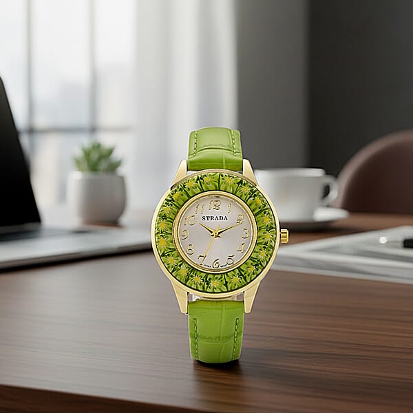 Shop Lc Strada Green Color Murano Style Japanese Movement Watch With Green Leather Strap (37mm)