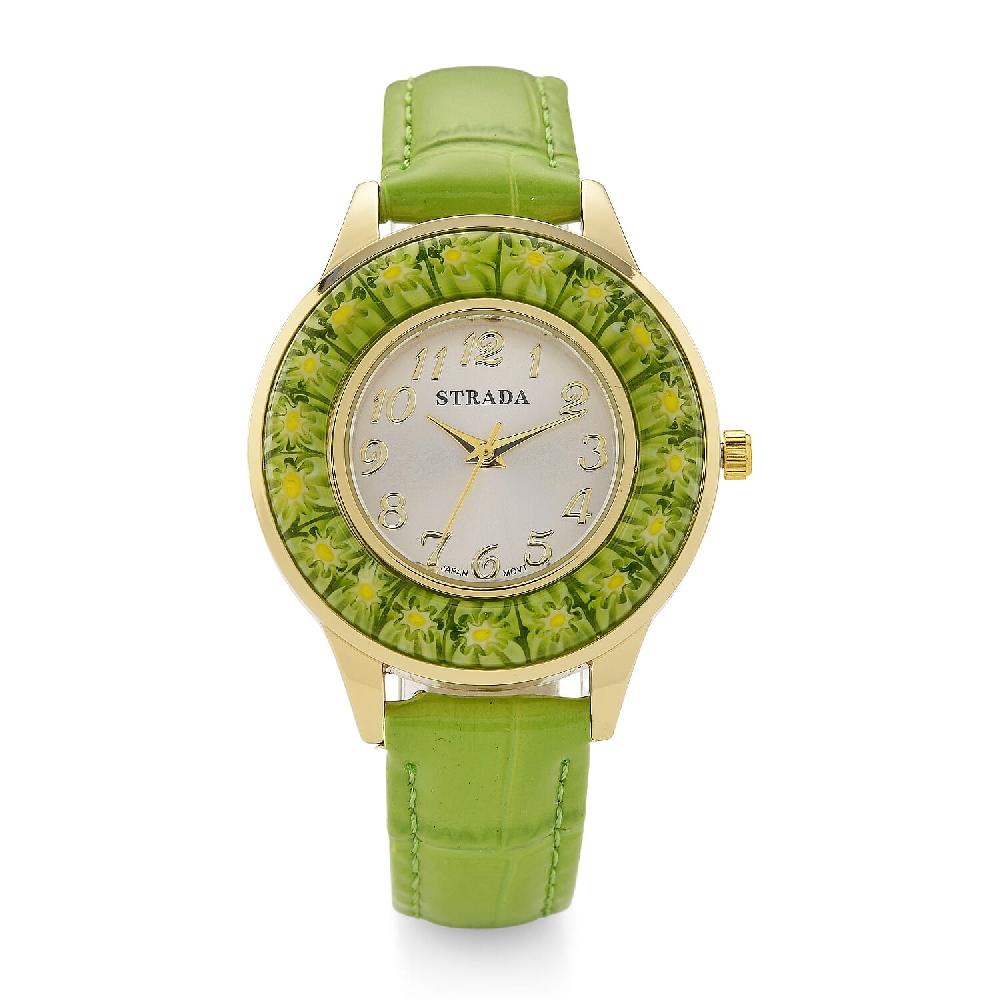 shop lc Strada Green Color Murano Style Japanese Movement Watch with Green Leather Strap (37mm)