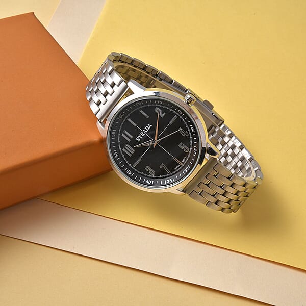 Shop Lc Strada Japanese Movement Black Dial Watch In Stainless Steel (40mm) (7.50-8.25Inches)
