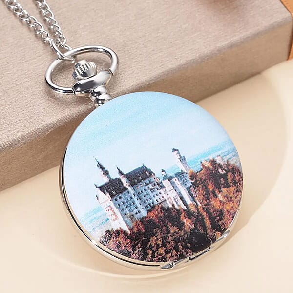 Shop Lc Strada Japanese Movement Castle Pattern Pocket Watch With Silvertone Chain (up To 31 Inches)