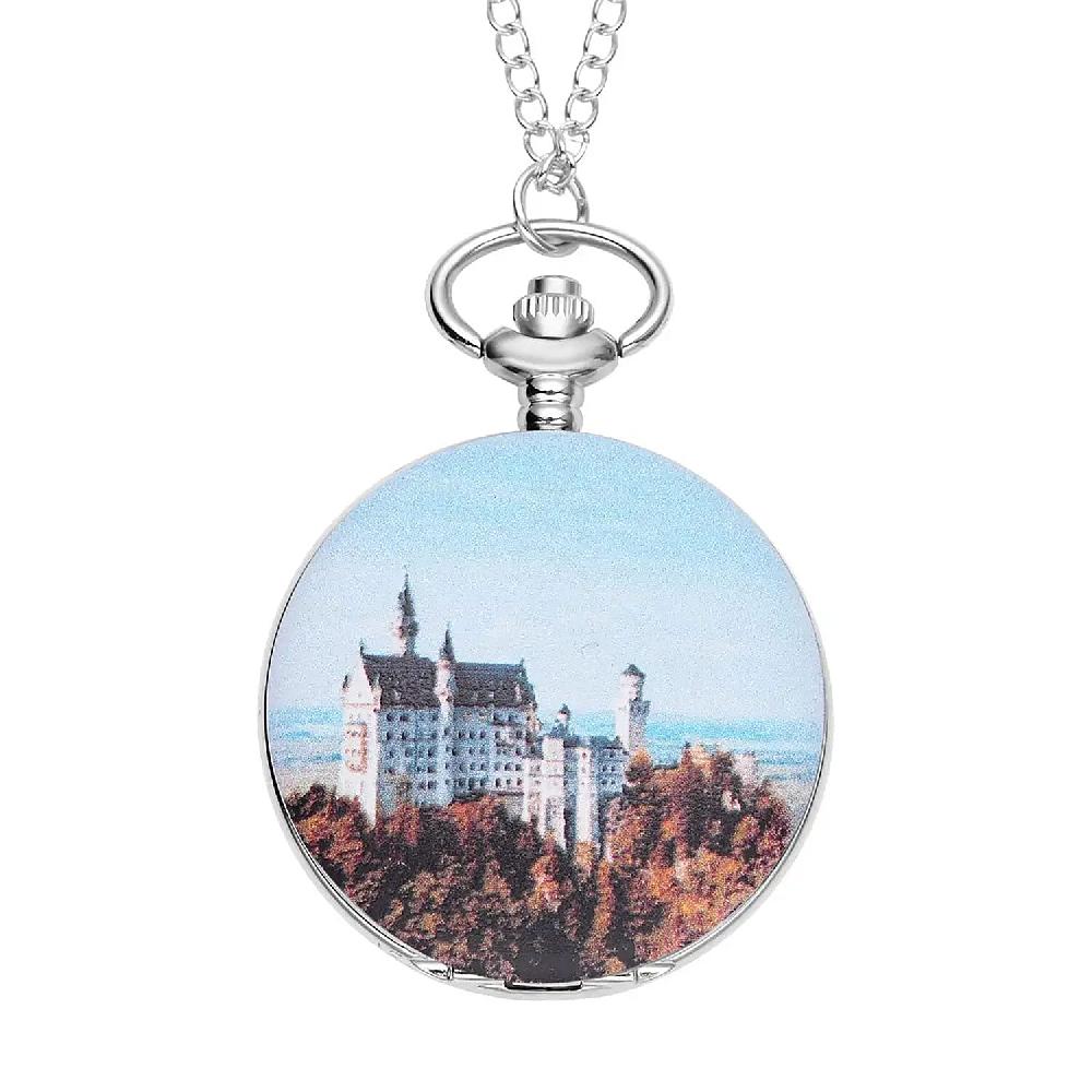 shop lc Strada Japanese Movement Castle Pattern Pocket Watch with Silvertone Chain (up to 31 Inches)