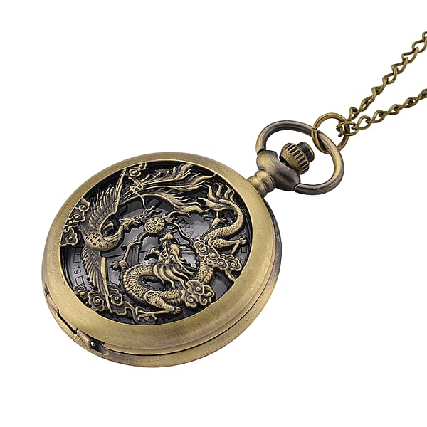 Shop Lc Strada Japanese Movement Dragon And Phoenix Pattern Pocket Watch With Chain (36 Inches) In Rosetone