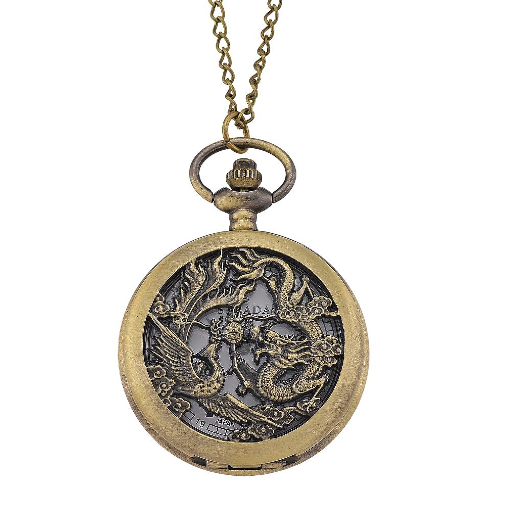 shop lc Strada Japanese Movement Dragon and Phoenix Pattern Pocket Watch with Chain (36 Inches) in Rosetone