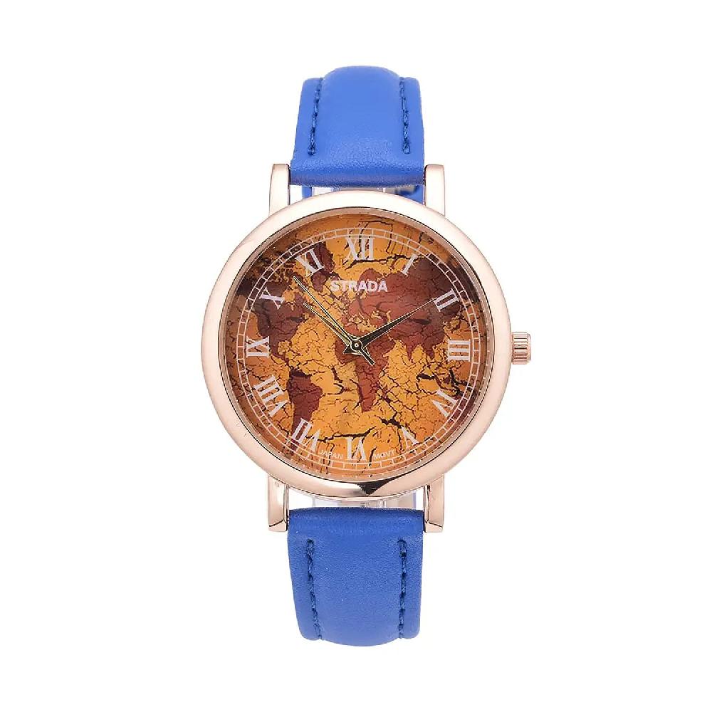 shop lc Strada Japanese Movement Earth Pattern Dial Watch in Blue Faux Leather Strap (37mm) (6.75 -8.50 Inches)
