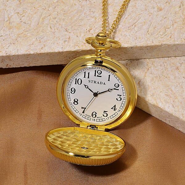 Shop Lc Strada Japanese Movement Green Flower Pattern Rotating Pocket Watch With Chain (36 Inches) In Goldtone