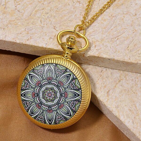 Shop Lc Strada Japanese Movement Green Flower Pattern Rotating Pocket Watch With Chain (36 Inches) In Goldtone
