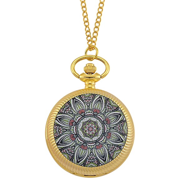 Shop Lc Strada Japanese Movement Green Flower Pattern Rotating Pocket Watch With Chain (36 Inches) In Goldtone