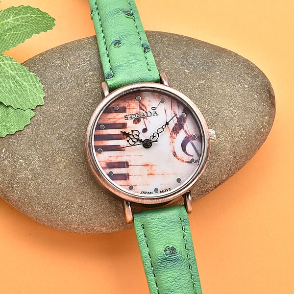 Shop Lc Strada Japanese Movement Piano Pattern Dial Watch In Green Ostrich Embossed Faux Leather Strap