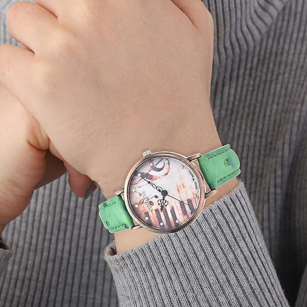 Shop Lc Strada Japanese Movement Piano Pattern Dial Watch In Green Ostrich Embossed Faux Leather Strap