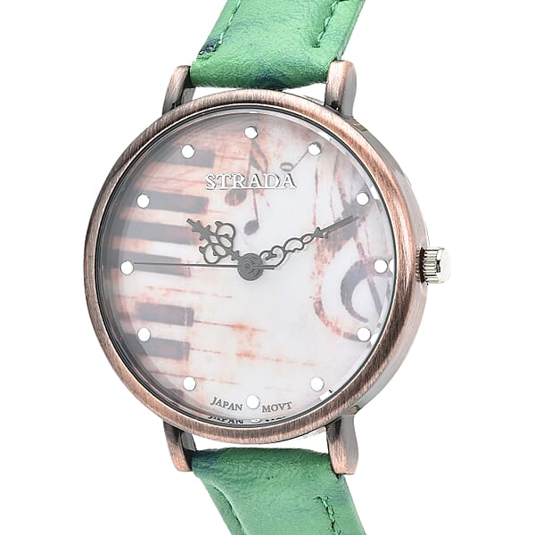 Shop Lc Strada Japanese Movement Piano Pattern Dial Watch In Green Ostrich Embossed Faux Leather Strap