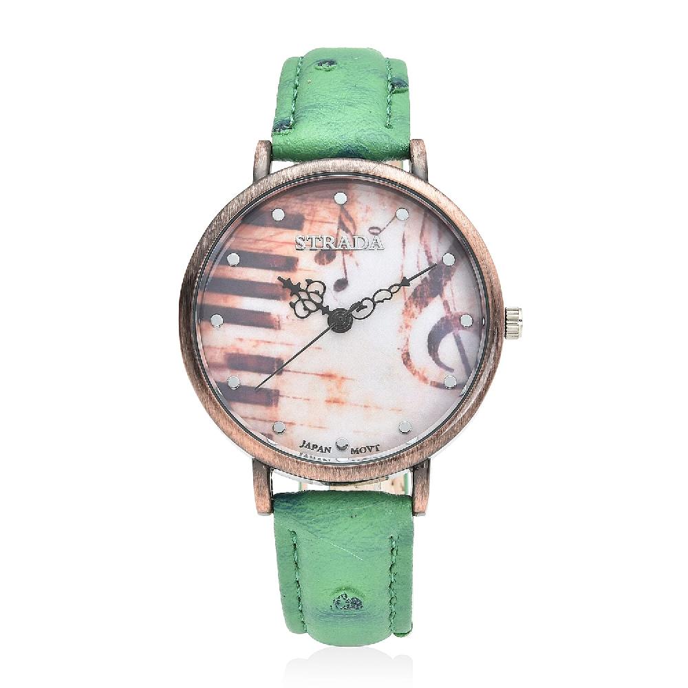 shop lc Strada Japanese Movement Piano Pattern Dial Watch in Green Ostrich Embossed Faux Leather Strap