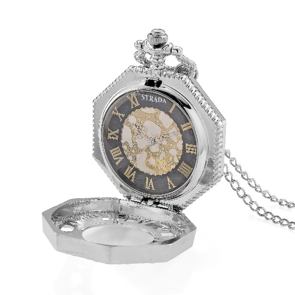 shop lc Strada Japanese Movement Roman Numeral Pocket Watch with Chain (36 Inches) in Silvertone