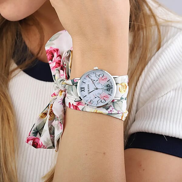 Shop Lc Strada Japanese Movement Watch With Multi Color Floral Printed Chiffon Strap (34.5 Inch)