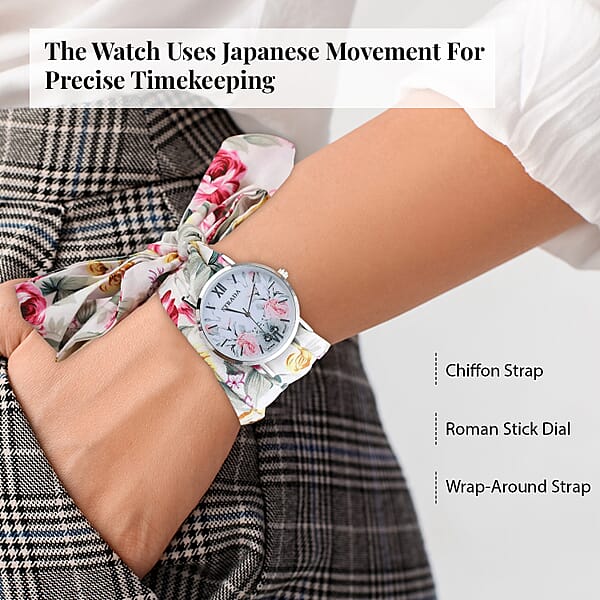 Shop Lc Strada Japanese Movement Watch With Multi Color Floral Printed Chiffon Strap (34.5 Inch)