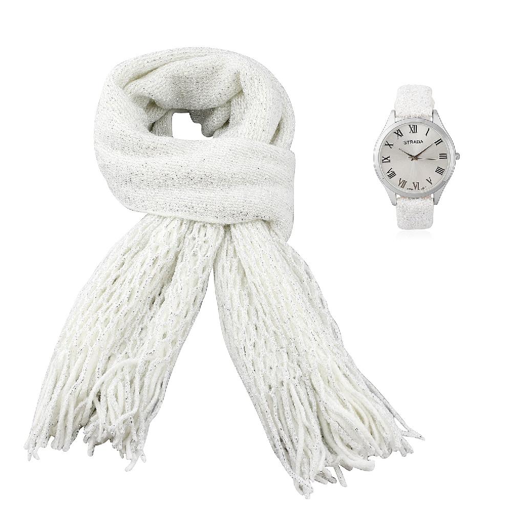 shop lc Strada Japanese Movement Watch with White Sequin Faux Leather Strap and White Solid Acrylic Scarf