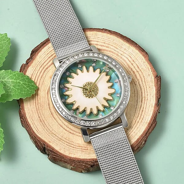 Shop Lc Strada Japanese Movement White Austrian Crystal Green Dial & White Flower Pattern Watch With Stainless Steel Mesh Strap (35.80 Mm) (6.75-8.00 Inches)