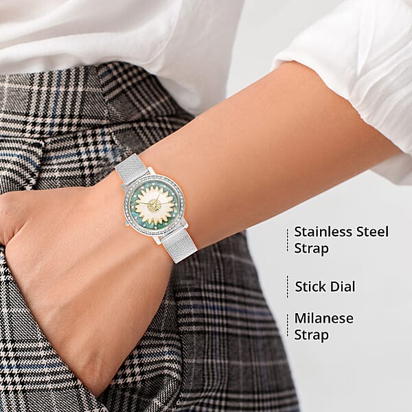 Shop Lc Strada Japanese Movement White Austrian Crystal Green Dial & White Flower Pattern Watch With Stainless Steel Mesh Strap (35.80 Mm) (6.75-8.00 Inches)