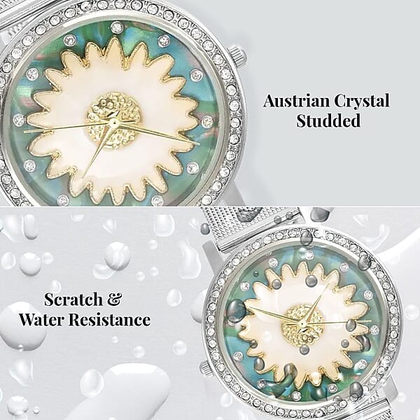 Shop Lc Strada Japanese Movement White Austrian Crystal Green Dial & White Flower Pattern Watch With Stainless Steel Mesh Strap (35.80 Mm) (6.75-8.00 Inches)