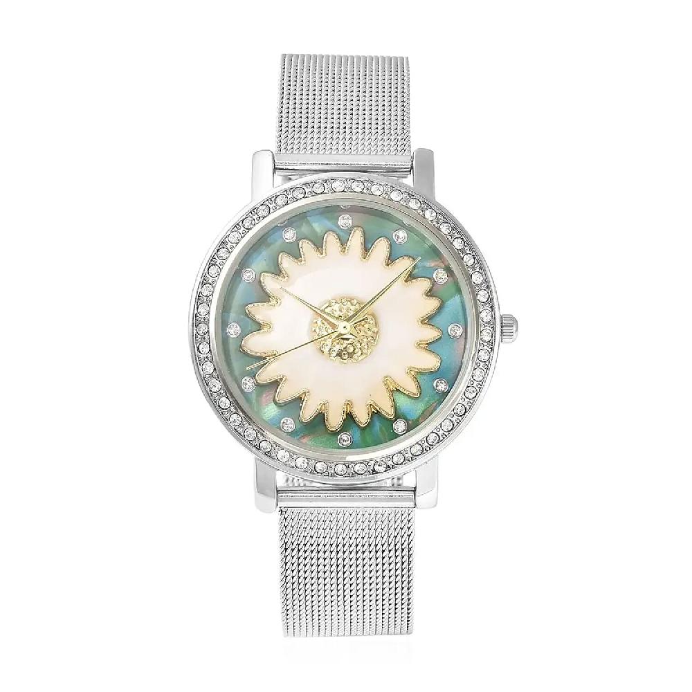 shop lc Strada Japanese Movement White Austrian Crystal Green Dial & White Flower Pattern Watch with Stainless Steel Mesh Strap (35.80 mm) (6.75-8.00 Inches)