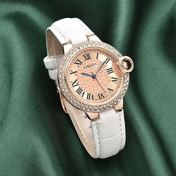 Shop Lc Strada Japanese Movement White Austrian Crystal Watch With White Faux Leather Strap (36mm) (6.75 -8.00 Inches)