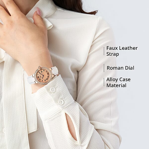 Shop Lc Strada Japanese Movement White Austrian Crystal Watch With White Faux Leather Strap (36mm) (6.75 -8.00 Inches)