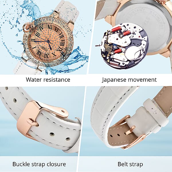 Shop Lc Strada Japanese Movement White Austrian Crystal Watch With White Faux Leather Strap (36mm) (6.75 -8.00 Inches)