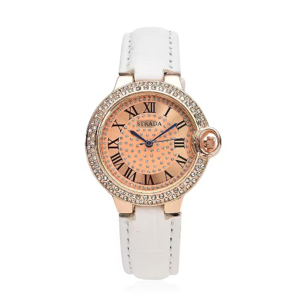 shop lc Strada Japanese Movement White Austrian Crystal Watch with White Faux Leather Strap (36mm) (6.75 -8.00 Inches)