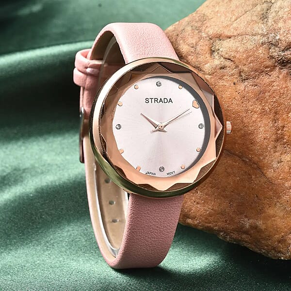 Shop Lc Strada Japanese Movement White Austrian Crystal With Pink Dial Watch In Pink Faux Leather Strap (36.32mm) (6.25-7.75 Inches)