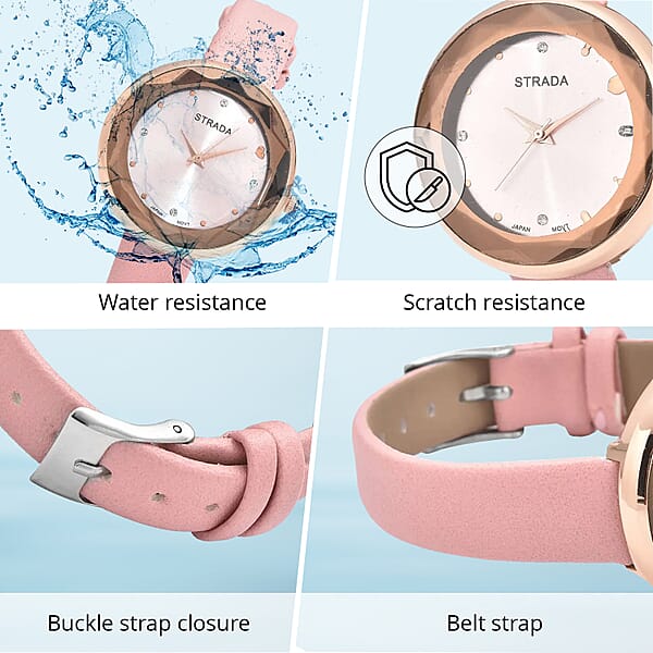 Shop Lc Strada Japanese Movement White Austrian Crystal With Pink Dial Watch In Pink Faux Leather Strap (36.32mm) (6.25-7.75 Inches)