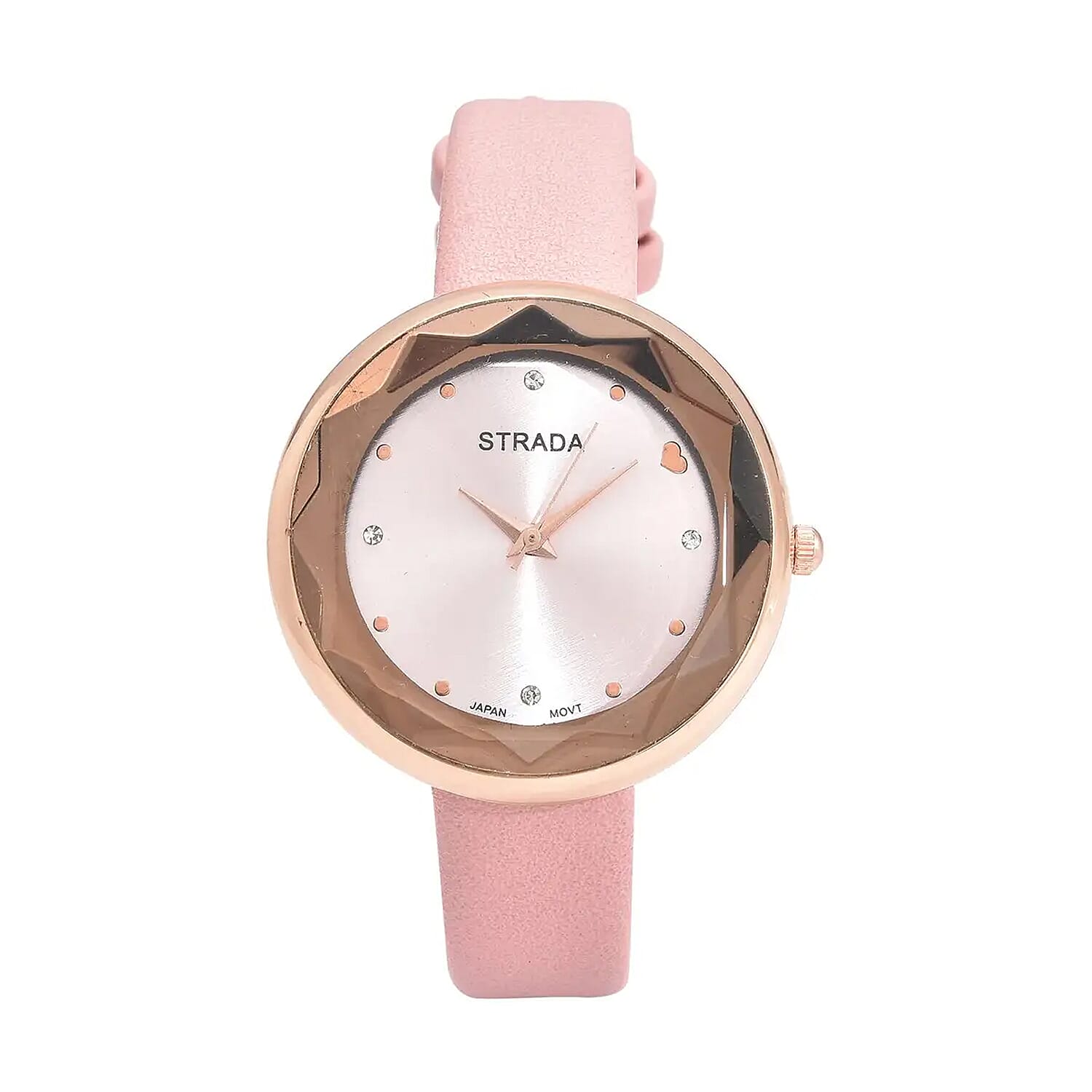 shop lc Strada Japanese Movement White Austrian Crystal with Pink Dial Watch in Pink Faux Leather Strap (36.32mm) (6.25-7.75 Inches)