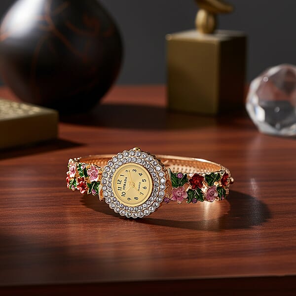 Shop Lc Strada Multi Color Austrian Crystal And Enameled Japanse Movement Bangle Watch In Goldtone