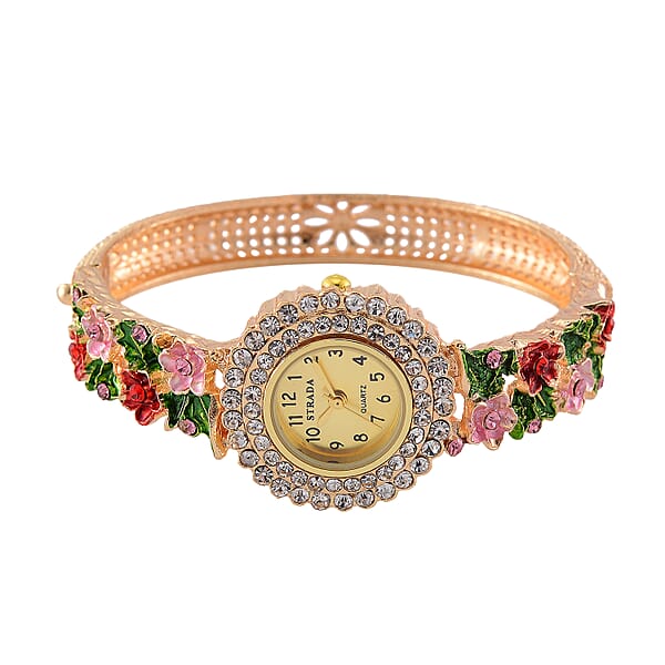 Shop Lc Strada Multi Color Austrian Crystal And Enameled Japanse Movement Bangle Watch In Goldtone