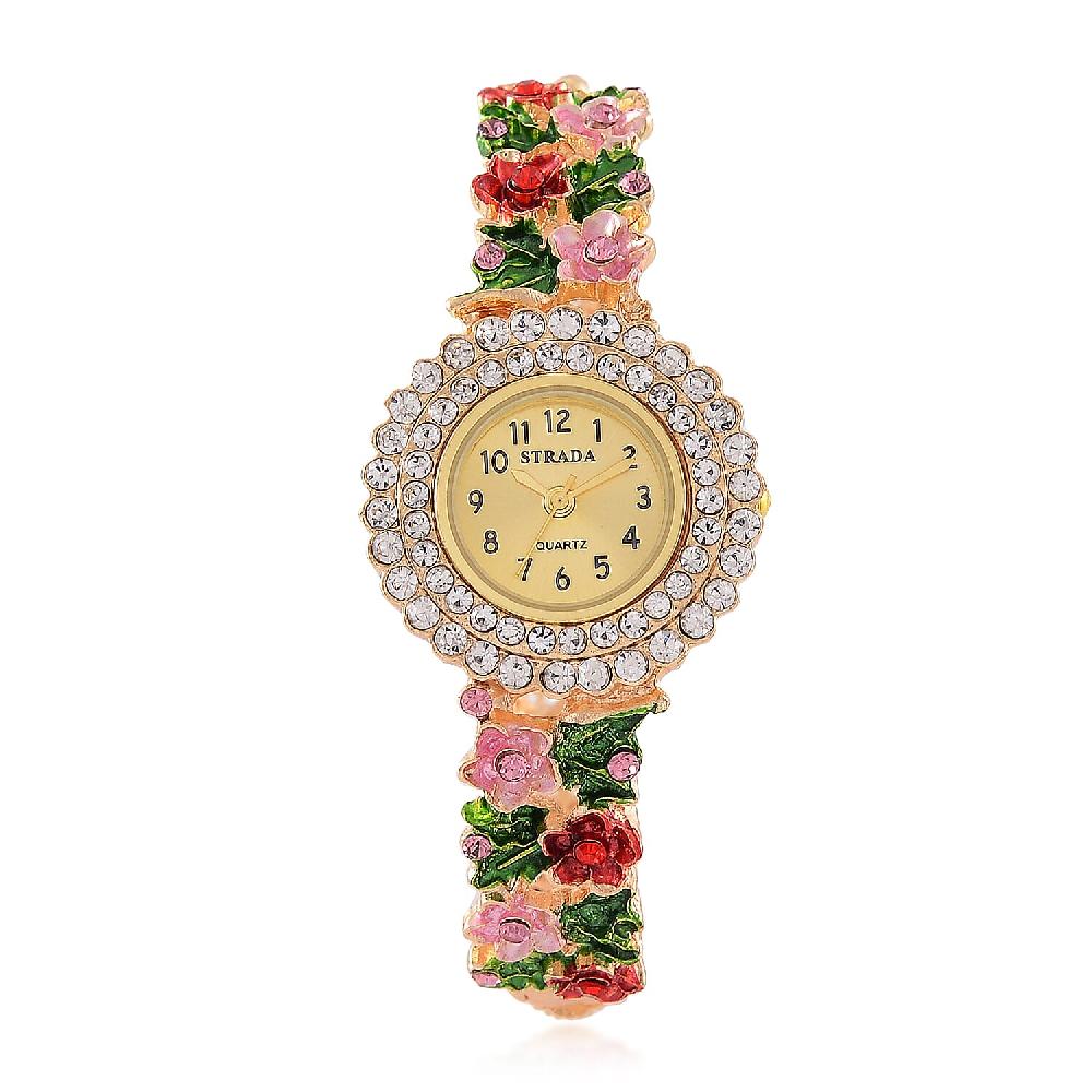 shop lc Strada Multi Color Austrian Crystal and Enameled Japanse Movement Bangle Watch in Goldtone