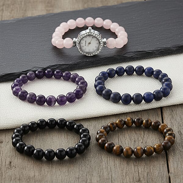 Shop Lc Strada Multi Gemstone Japanese Movement Bracelet Watch And 4pcs Beaded Bracelet (7-7.5In) In Silvertone 145.00 Ctw