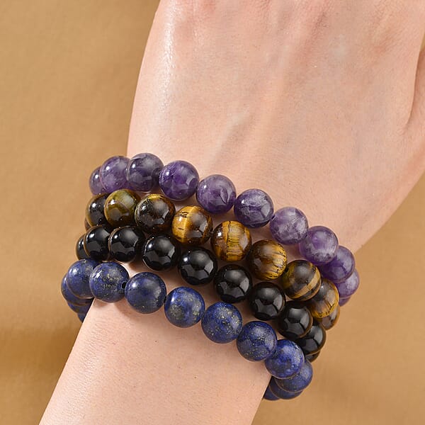 Shop Lc Strada Multi Gemstone Japanese Movement Bracelet Watch And 4pcs Beaded Bracelet (7-7.5In) In Silvertone 145.00 Ctw