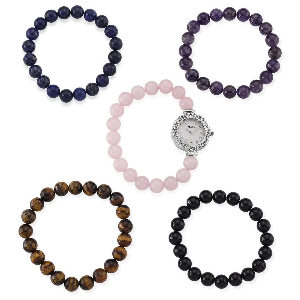 shop lc Strada Multi Gemstone Japanese Movement Bracelet Watch and 4pcs Beaded Bracelet (7-7.5In) in Silvertone 145.00 ctw