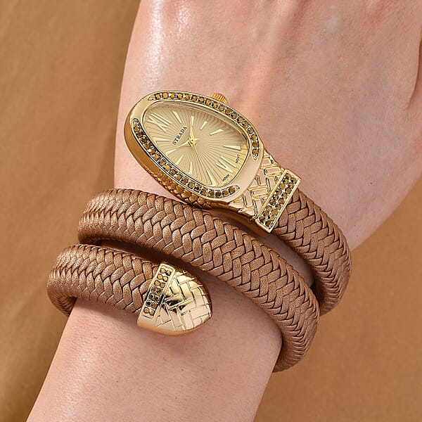 Shop Lc Strada Pink Austrian Crystal Japanese Movement Watch In Gold Faux Leather Braided Strap