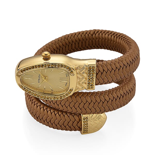 Shop Lc Strada Pink Austrian Crystal Japanese Movement Watch In Gold Faux Leather Braided Strap