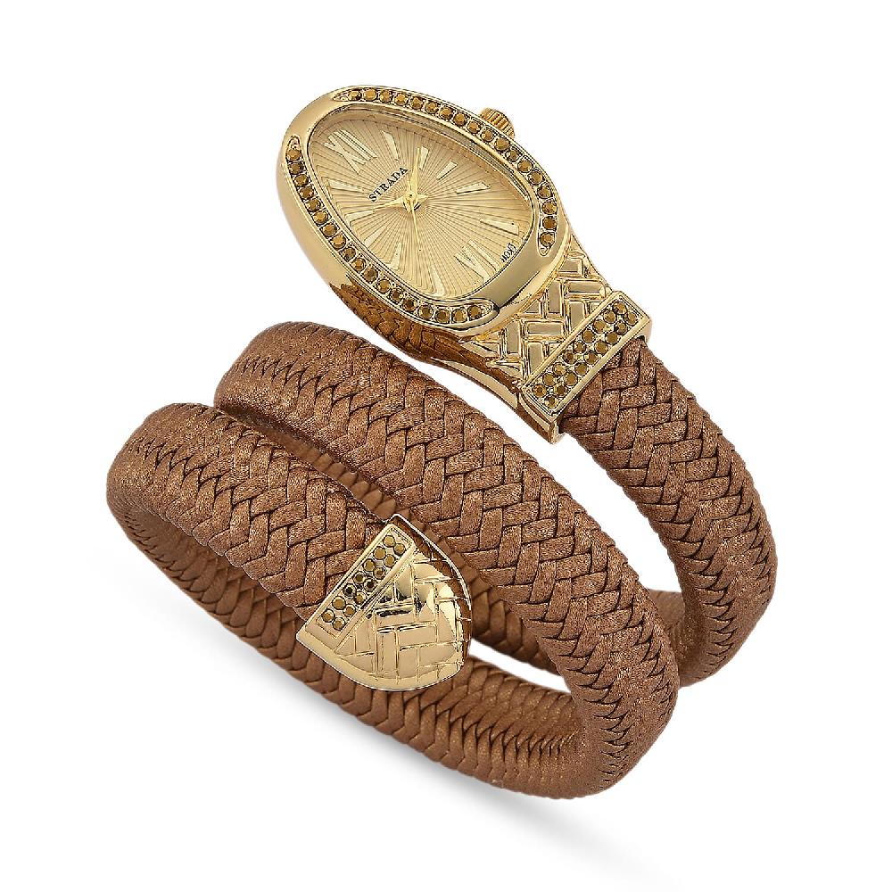 shop lc Strada Pink Austrian Crystal Japanese Movement Watch in Gold Faux Leather Braided Strap