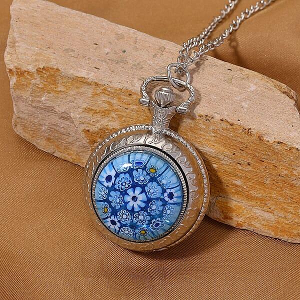 Shop Lc Strada Rotating Blue Murano Style Japanese Movement Pocket Watch With Chain (36 Inches) In Silvertone