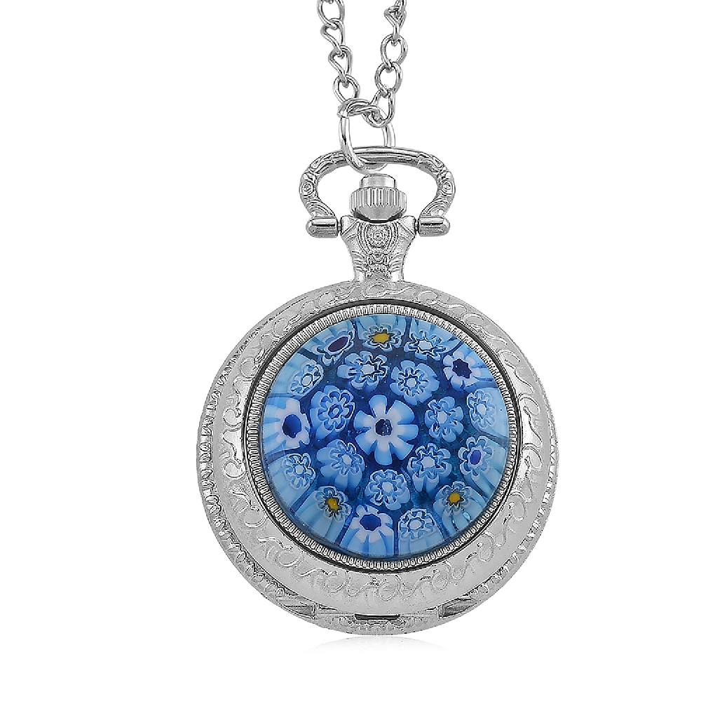 shop lc Strada Rotating Blue Murano Style Japanese Movement Pocket Watch with Chain (36 Inches) in Silvertone
