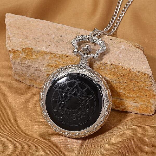 Shop Lc Strada Shungite Japanese Movement Hexagonal Pocket Watch With Chain (36 Inches) In Silvertone 2.00 Ctw