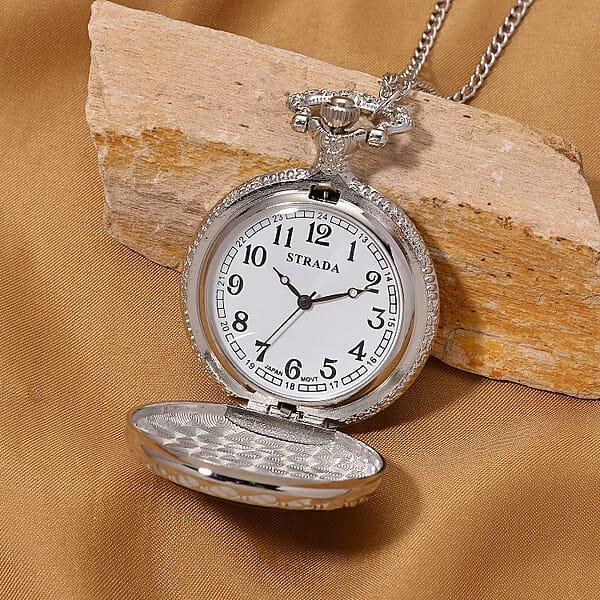 Shop Lc Strada Shungite Japanese Movement Hexagonal Pocket Watch With Chain (36 Inches) In Silvertone 2.00 Ctw