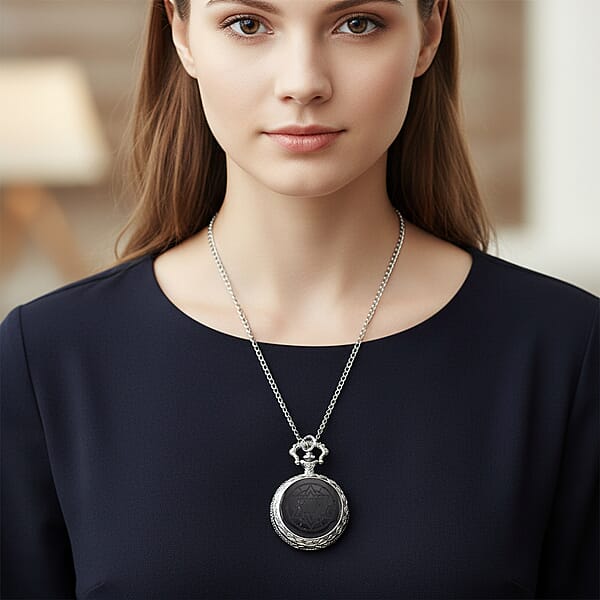 Shop Lc Strada Shungite Japanese Movement Hexagonal Pocket Watch With Chain (36 Inches) In Silvertone 2.00 Ctw