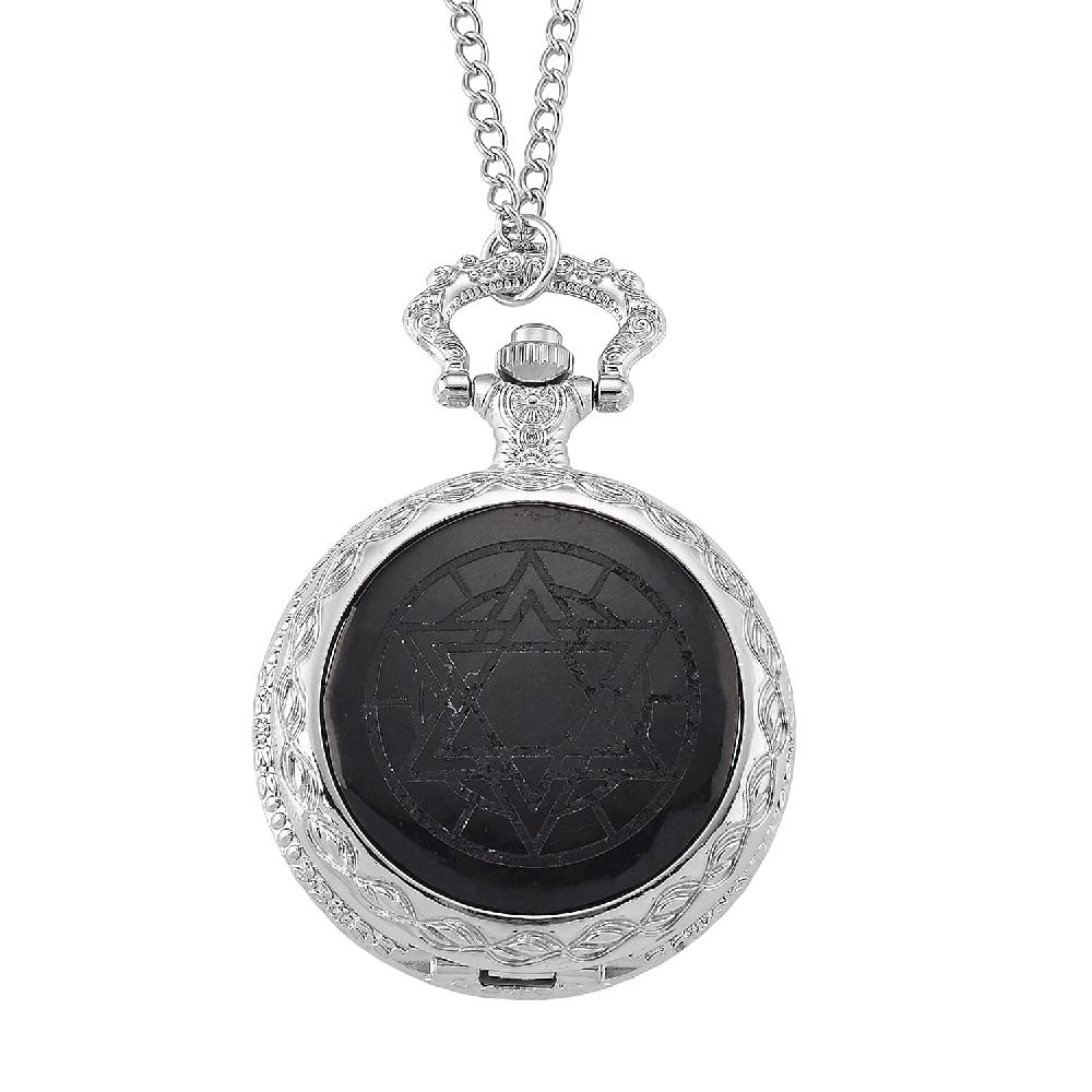 shop lc Strada Shungite Japanese Movement Hexagonal Pocket Watch with Chain (36 Inches) in Silvertone 2.00 ctw
