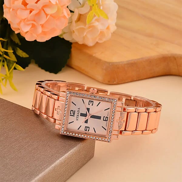 Shop Lc Strada White Austrian Crystal Japanese Movement Cross Pattern & Rosegold Dial Watch With Rosetone Strap (26.16-30.48 Mm) (6.75-8.25 Inches)